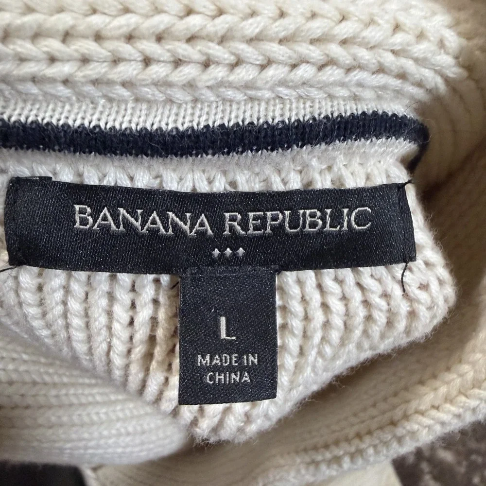 Banana Republic Sweater Mens Large Cream Fisherman Shawl Cable Knit Thick 3D